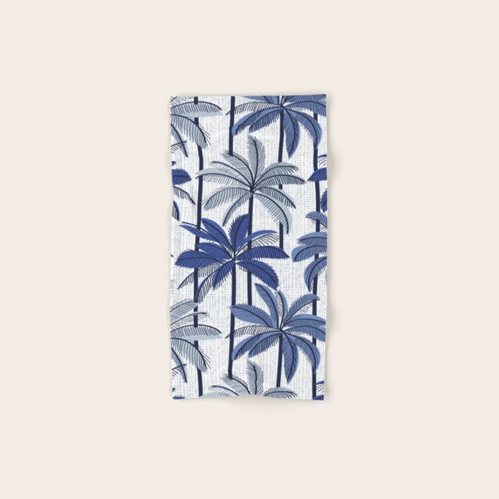 Retro Palm Springs vibes // white background highball indigo electric and pastel blue palm trees oxford navy blue lines Bath Towel Gallery Image 1