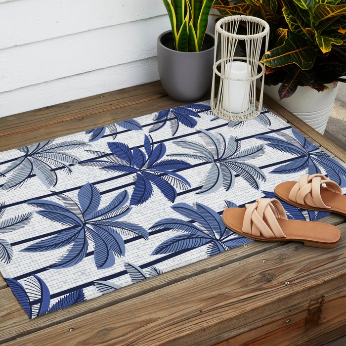 Retro Palm Springs vibes // white background highball indigo electric and pastel blue palm trees oxford navy blue lines Outdoor Rug Gallery Image 2