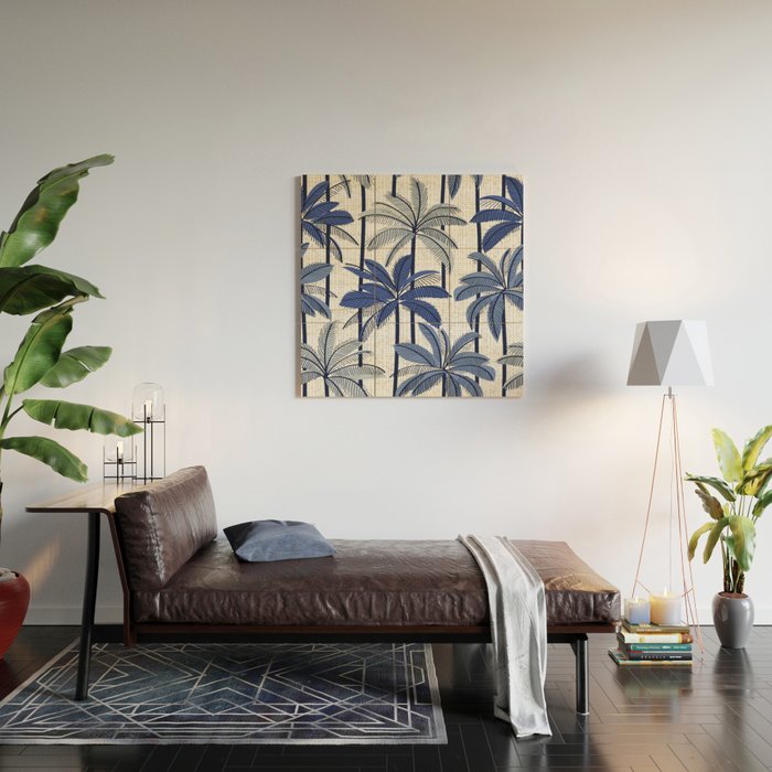 Retro Palm Springs vibes // white background highball indigo electric and pastel blue palm trees oxford navy blue lines Wood Wall Art Gallery Image 2