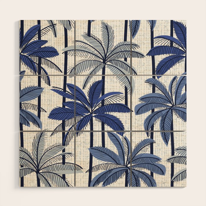 Retro Palm Springs vibes // white background highball indigo electric and pastel blue palm trees oxford navy blue lines Wood Wall Art