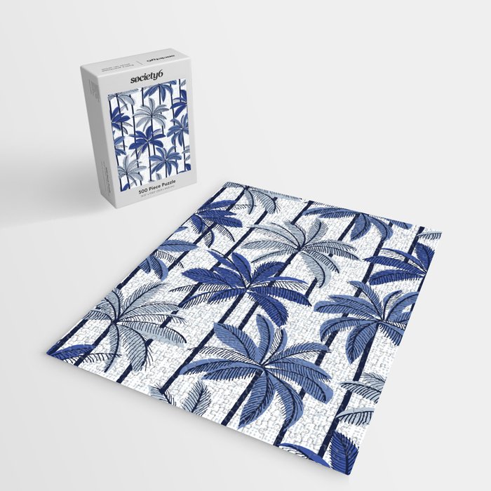Retro Palm Springs vibes // white background highball indigo electric and pastel blue palm trees oxford navy blue lines Jigsaw Puzzle Gallery Image 2