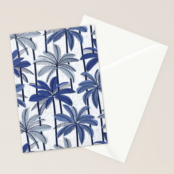 Retro Palm Springs vibes // white background highball indigo electric and pastel blue palm trees oxford navy blue lines Stationery Card Gallery Image 2