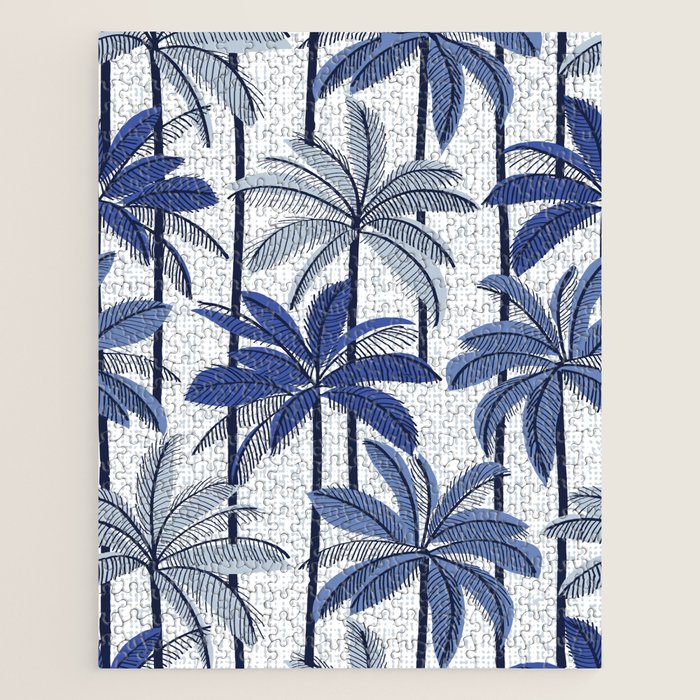Retro Palm Springs vibes // white background highball indigo electric and pastel blue palm trees oxford navy blue lines Jigsaw Puzzle Gallery Image 1