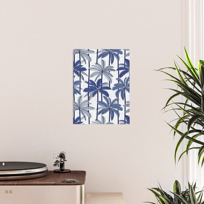Retro Palm Springs vibes // white background highball indigo electric and pastel blue palm trees oxford navy blue lines Poster Gallery Image 2