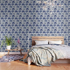 Retro Palm Springs vibes // white background highball indigo electric and pastel blue palm trees oxford navy blue lines Wallpaper Gallery Image 3