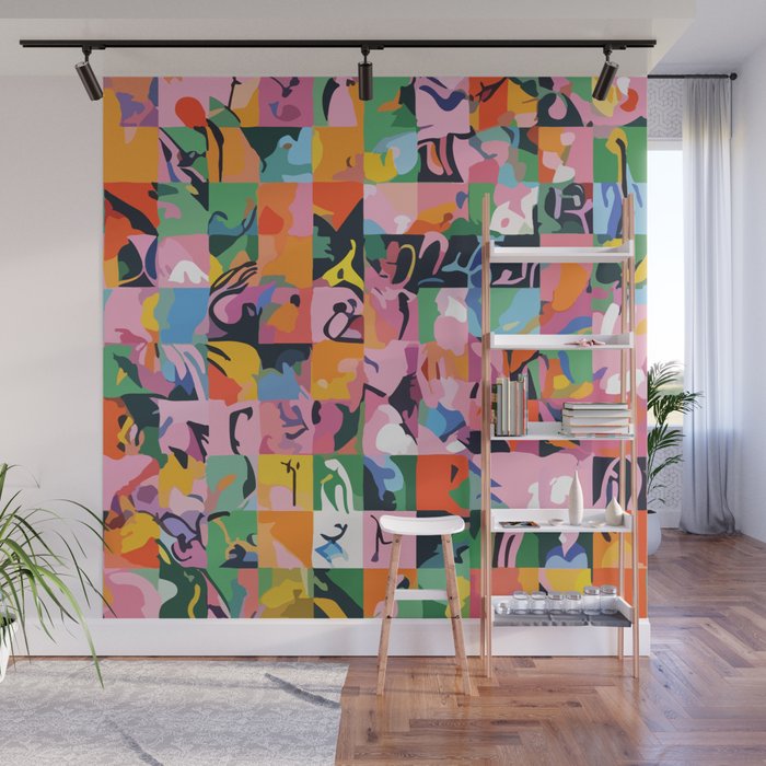 Life On a Checkboard, Abstract Maximalism Eclectic Painting, Bohemian Pop of Color Illustration  Wall Mural Gallery Image 1