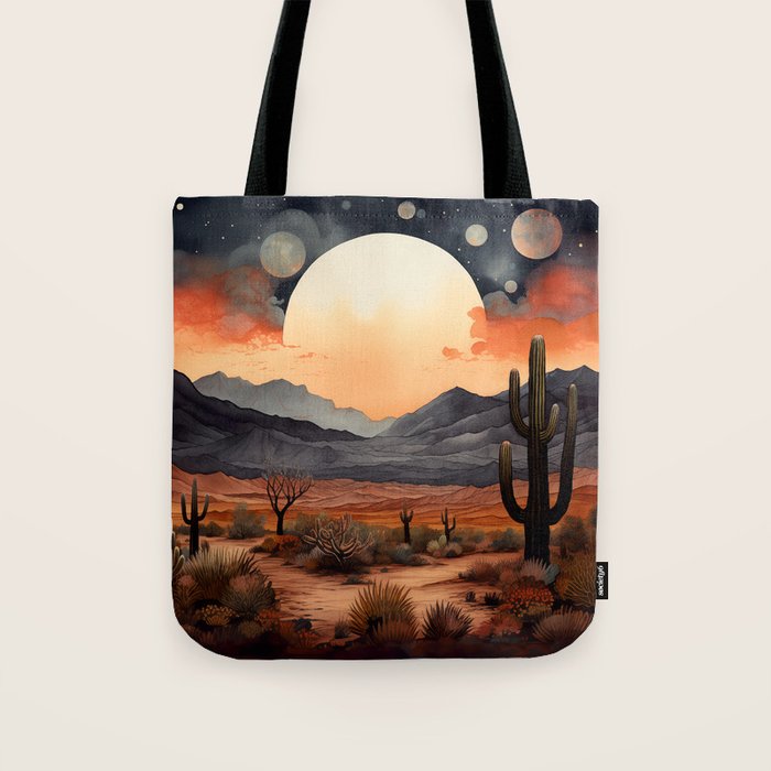 Desert Nights - Cactus Moon Illustration Tote Bag Gallery Image 1
