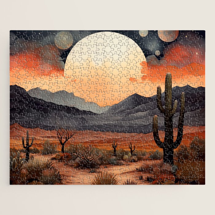 Desert Nights - Cactus Moon Illustration Jigsaw Puzzle Gallery Image 1