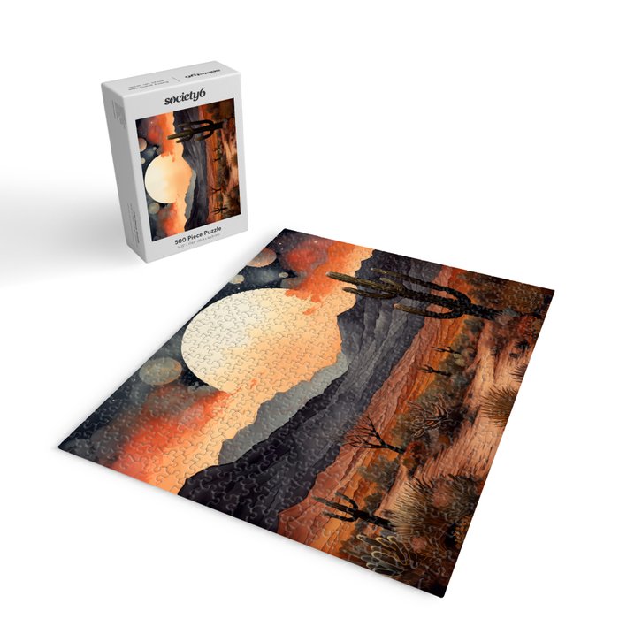 Desert Nights - Cactus Moon Illustration Jigsaw Puzzle Gallery Image 2
