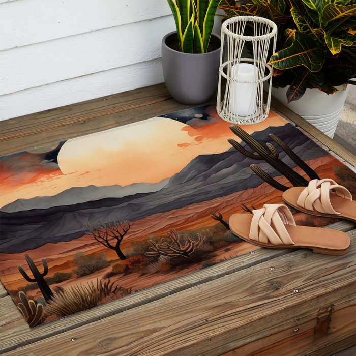 Desert Nights - Cactus Moon Illustration Outdoor Rug Gallery Image 2