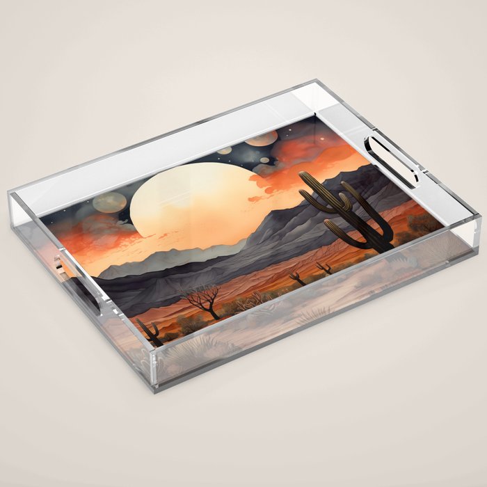 Desert Nights - Cactus Moon Illustration Acrylic Tray Gallery Image 1