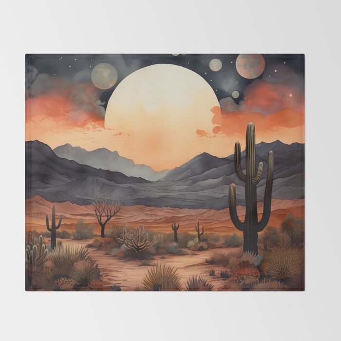 Desert Nights - Cactus Moon Illustration Throw Blanket Gallery Image 2