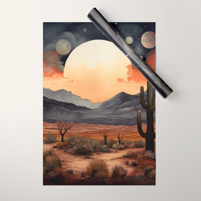 Desert Nights - Cactus Moon Illustration Wrapping Paper Gallery Image 1