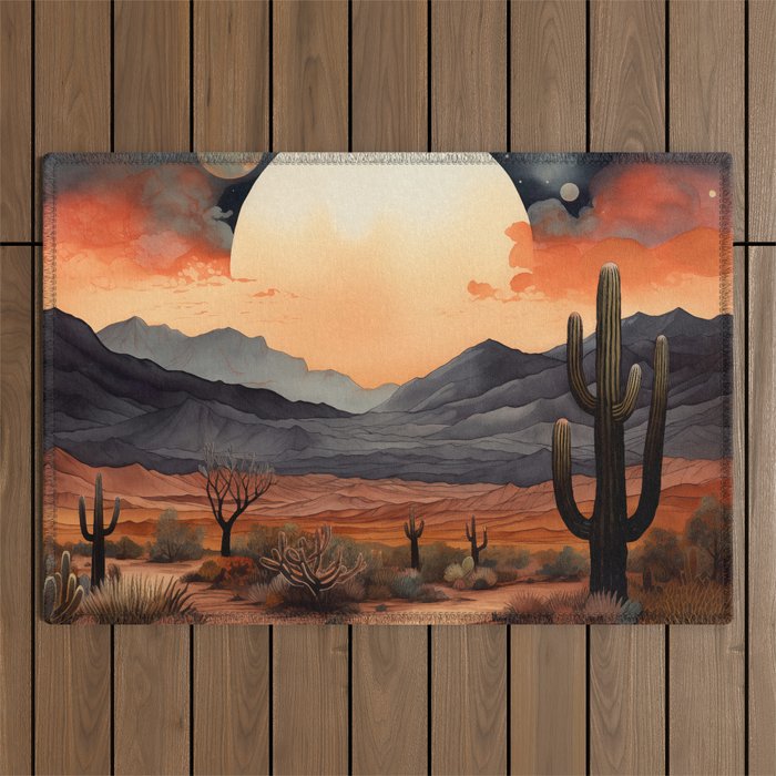 Desert Nights - Cactus Moon Illustration Outdoor Rug Gallery Image 1