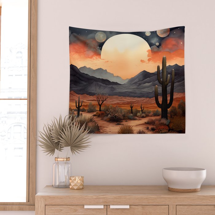 Desert Nights - Cactus Moon Illustration Wall Tapestry Gallery Image 2