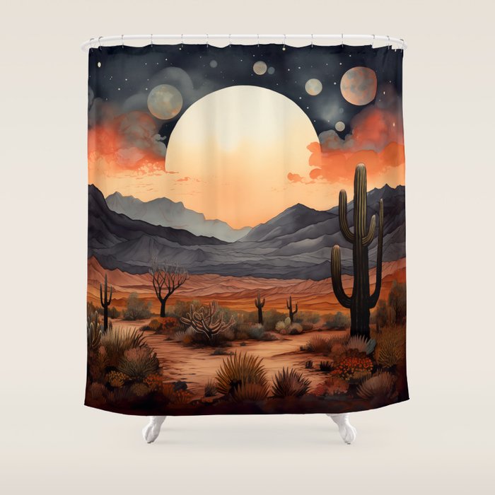 Desert Nights - Cactus Moon Illustration Shower Curtain Gallery Image 1
