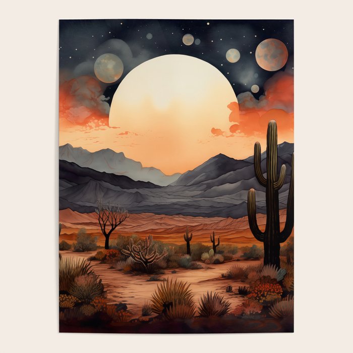 Desert Nights - Cactus Moon Illustration Poster Gallery Image 4