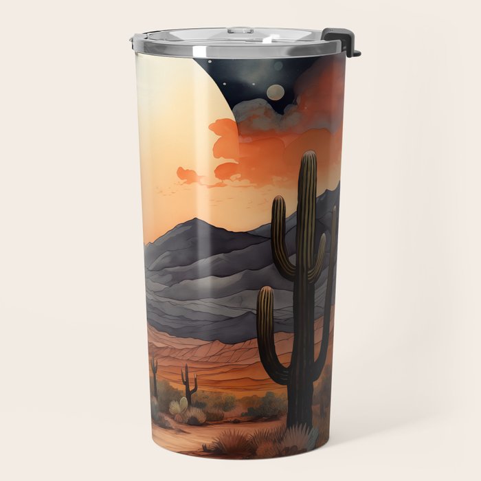 Desert Nights - Cactus Moon Illustration Travel Mug Gallery Image 2