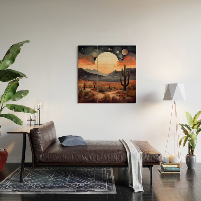 Desert Nights - Cactus Moon Illustration Wood Wall Art Gallery Image 2