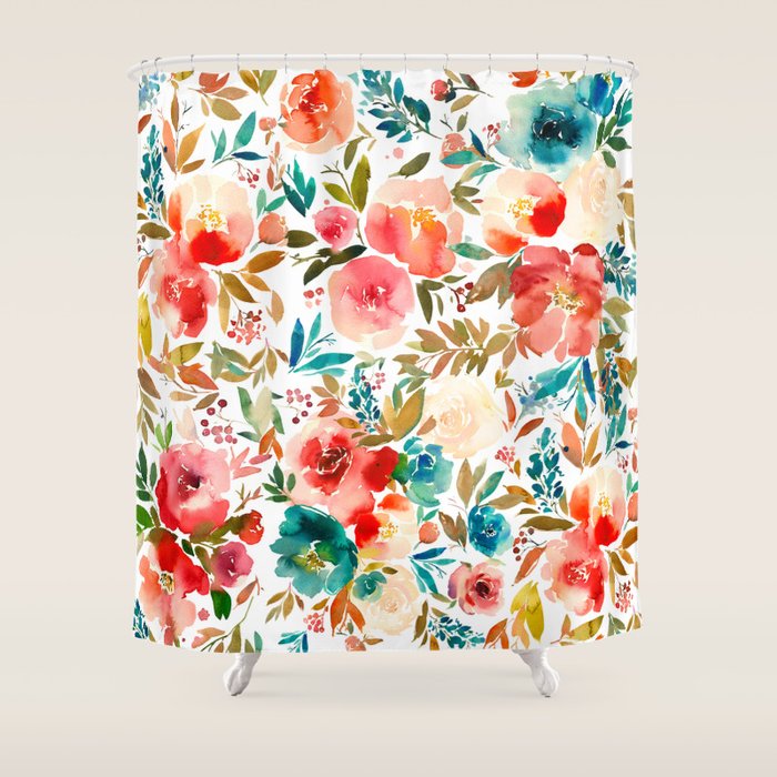 Red Turquoise Teal Floral Watercolor Shower Curtain Gallery Image 1