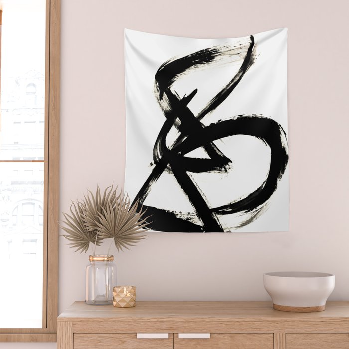 Brushstroke 3 - a simple black and white ink design Wall Tapestry Gallery Image 2