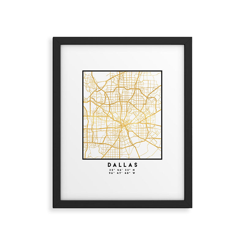 DALLAS TEXAS CITY STREET MAP ART Framed Art Print
