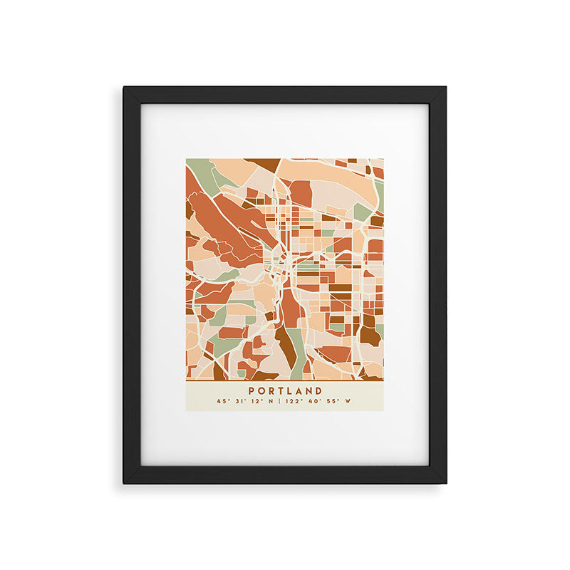 PORTLAND OREGON CITY MAP EARTH TONES Framed Art Print