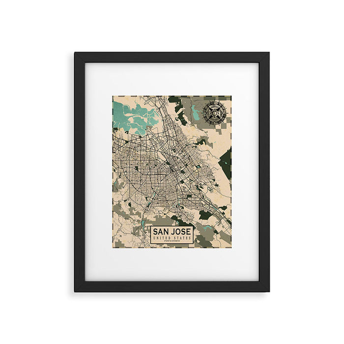 San Jose City Map of California, USA - Vintage Framed Art Print Gallery Image 1