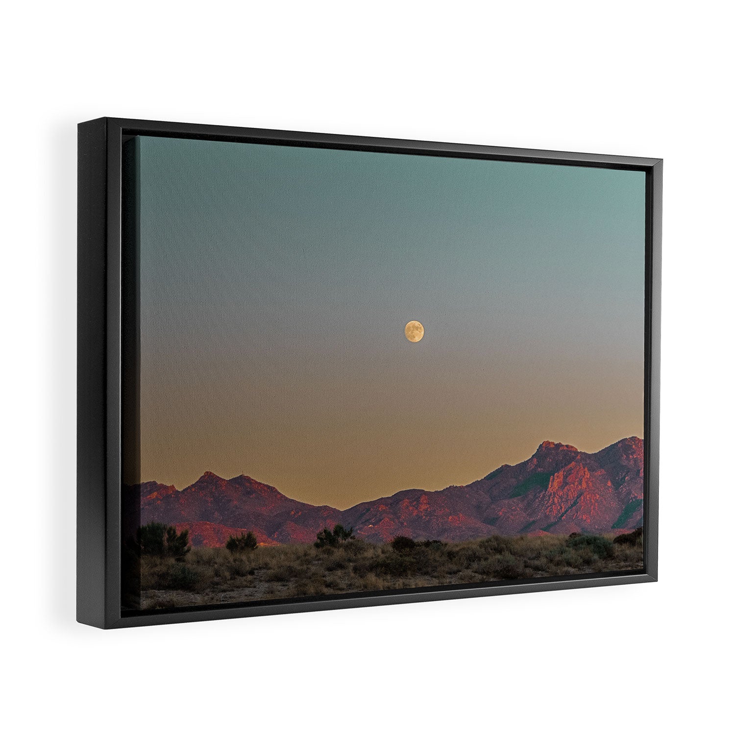 Sunset Moon Ridge // Grainy Red Mountain Range Desert Landscape Photography Yellow Fullmoon Blue Sky Framed Canvas Print Gallery Image 2