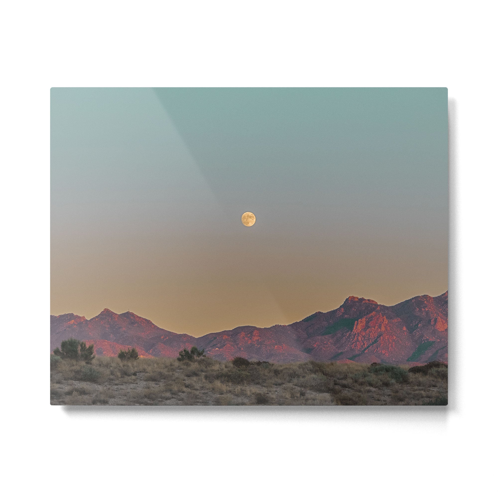Sunset Moon Ridge // Grainy Red Mountain Range Desert Landscape Photography Yellow Fullmoon Blue Sky Metal Print Gallery Image 4