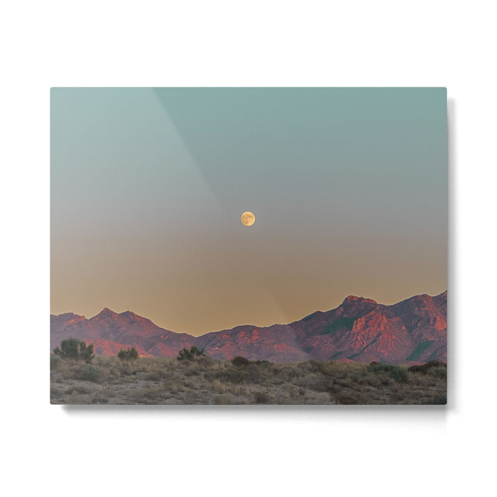 Sunset Moon Ridge // Grainy Red Mountain Range Desert Landscape Photography Yellow Fullmoon Blue Sky Metal Print Gallery Image 1