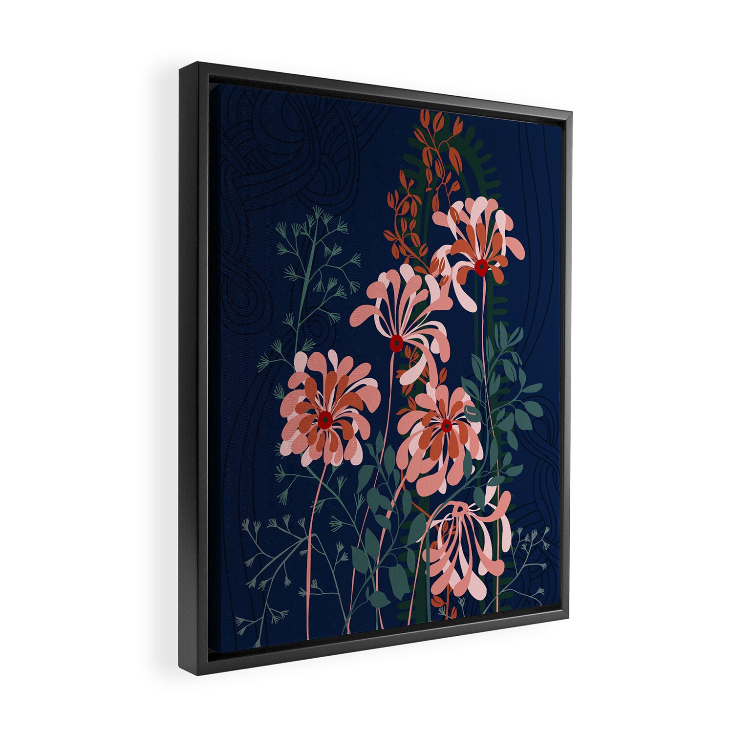Alfons Mucha would love this flowers - dark blue Framed Canvas Print Gallery Image 2