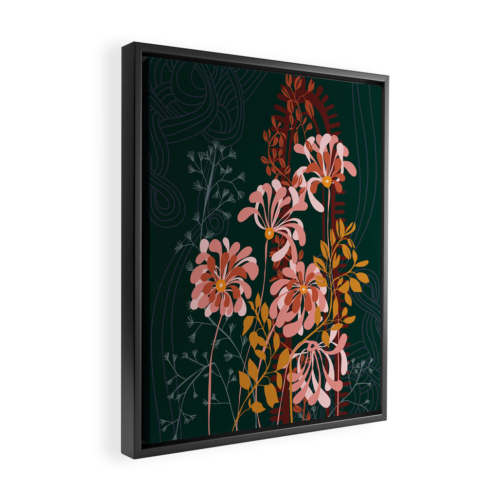 Alfons Mucha would love this flowers - emerald green Framed Canvas Print Gallery Image 2