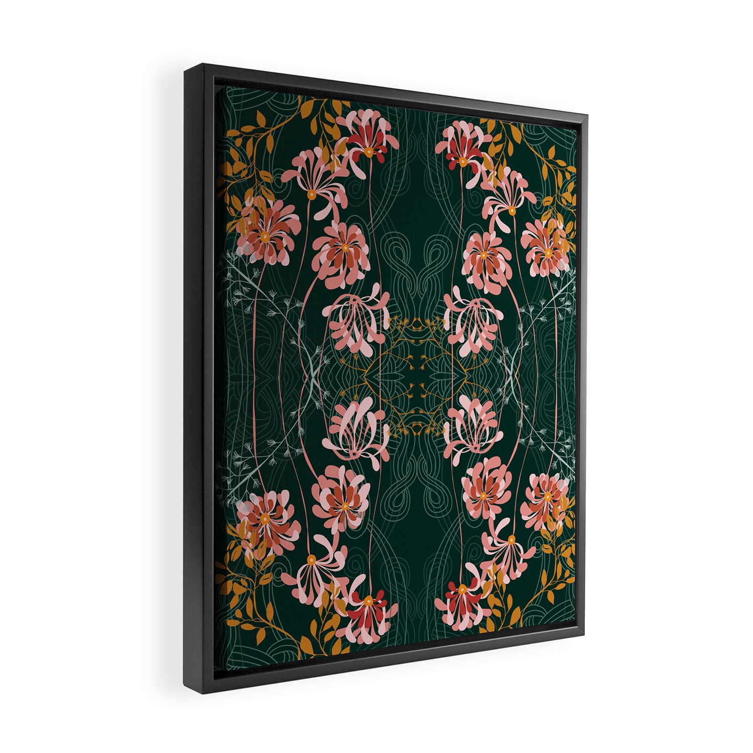 Art Nouveau floral pattern with lines - emerald green Framed Canvas Print Gallery Image 2