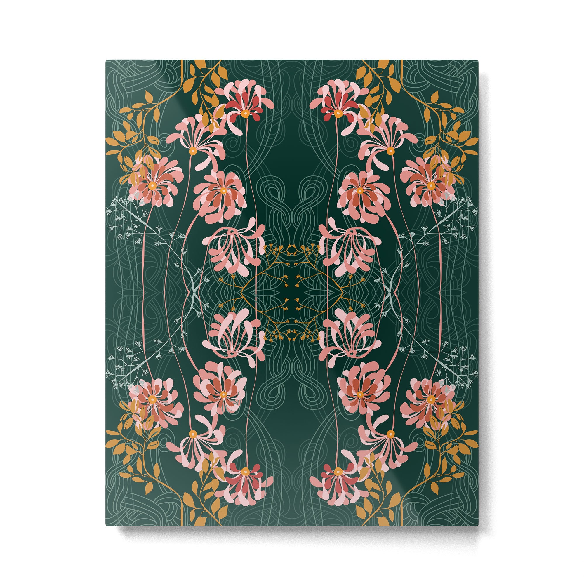 Art Nouveau floral pattern with lines - emerald green Metal Print Gallery Image 4