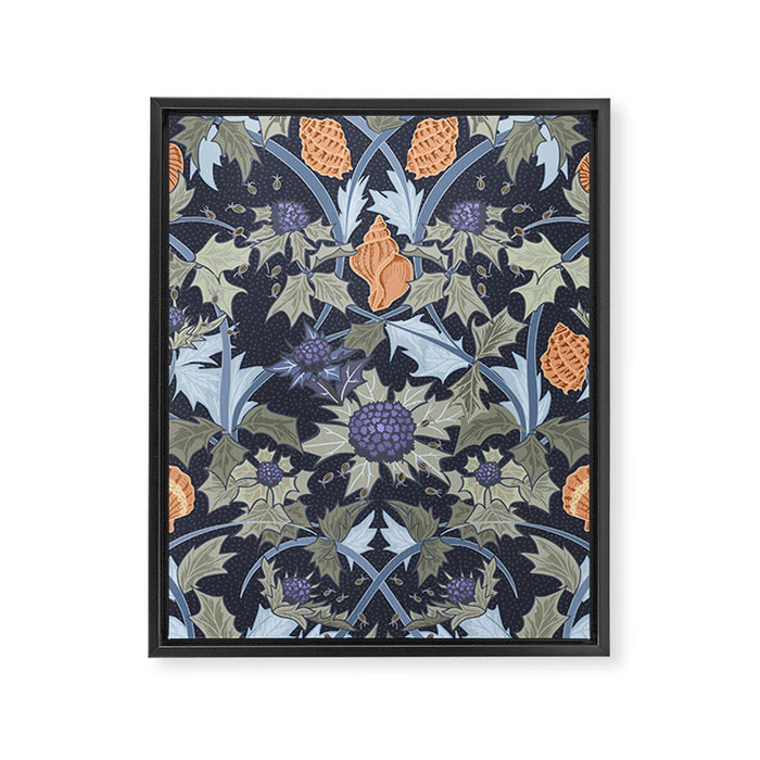 Beach thistle and shells dark navy Framed Canvas Print Gallery Image 1