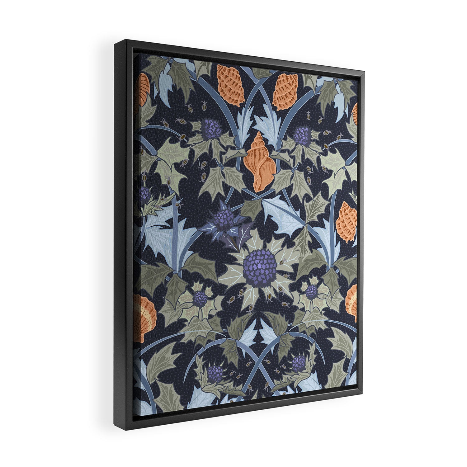 Beach thistle and shells dark navy Framed Canvas Print Gallery Image 2