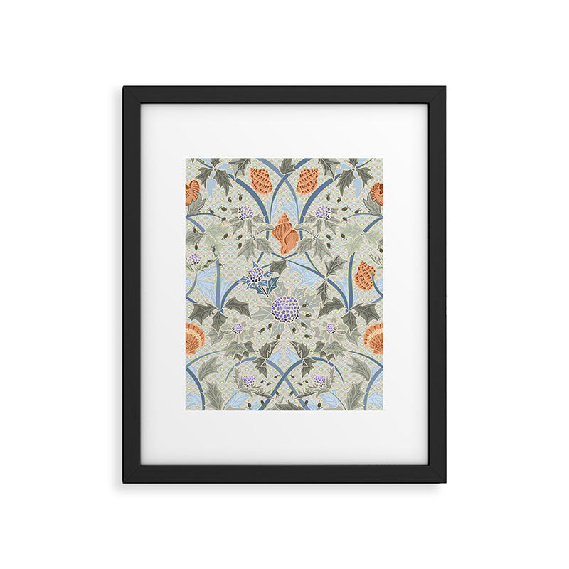 Beach thistle and shells with backgrd pattern Framed Art Print Gallery Image 1