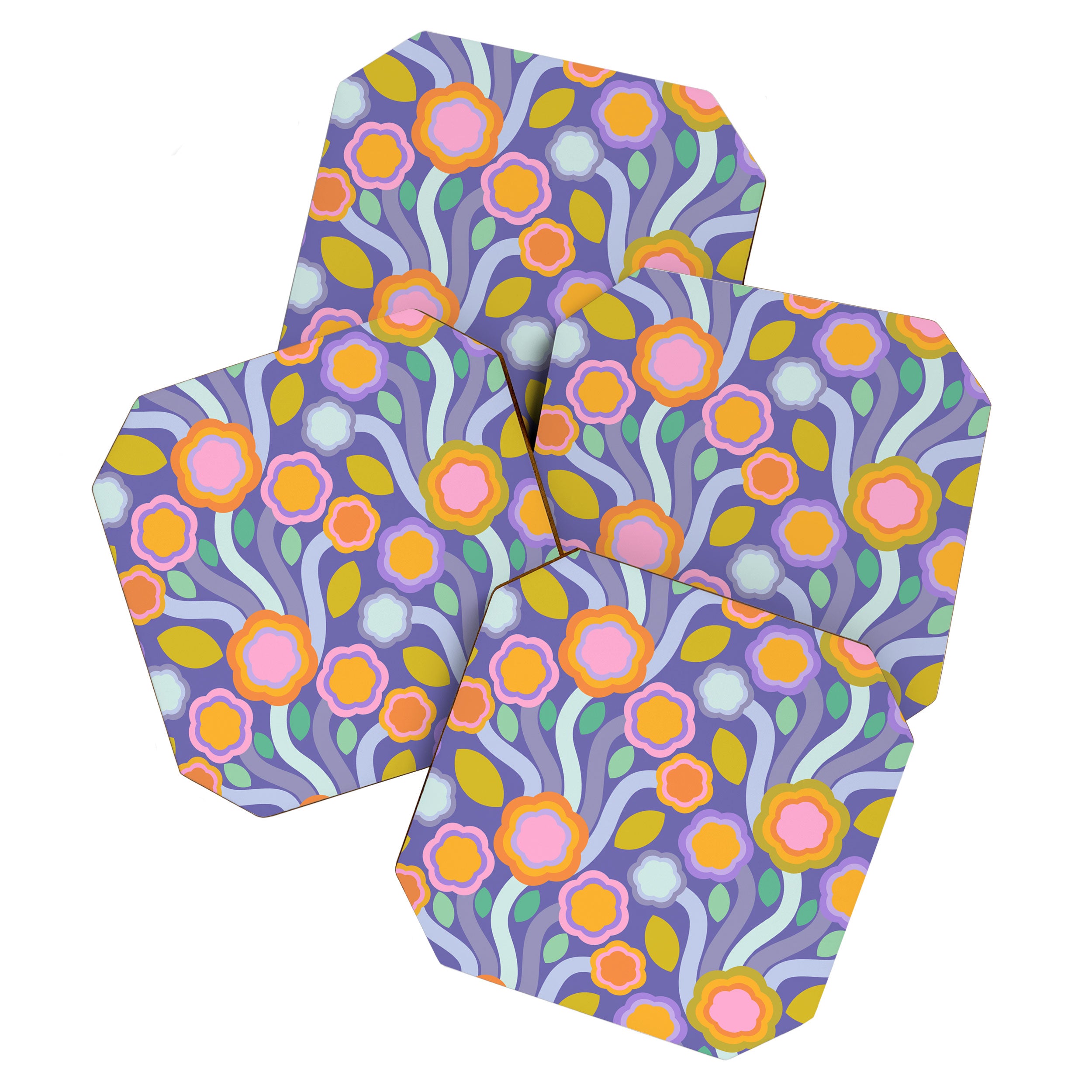 Big pop retro flowers blue Coaster Gallery Image 1