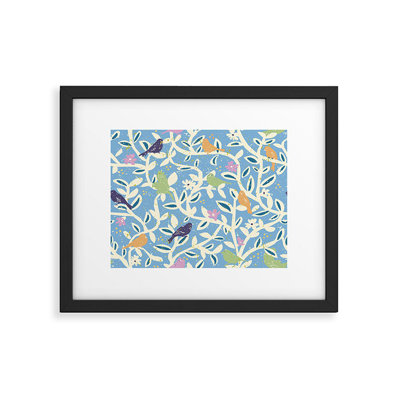 Birds in branches chalky blue Framed Art Print Gallery Image 5
