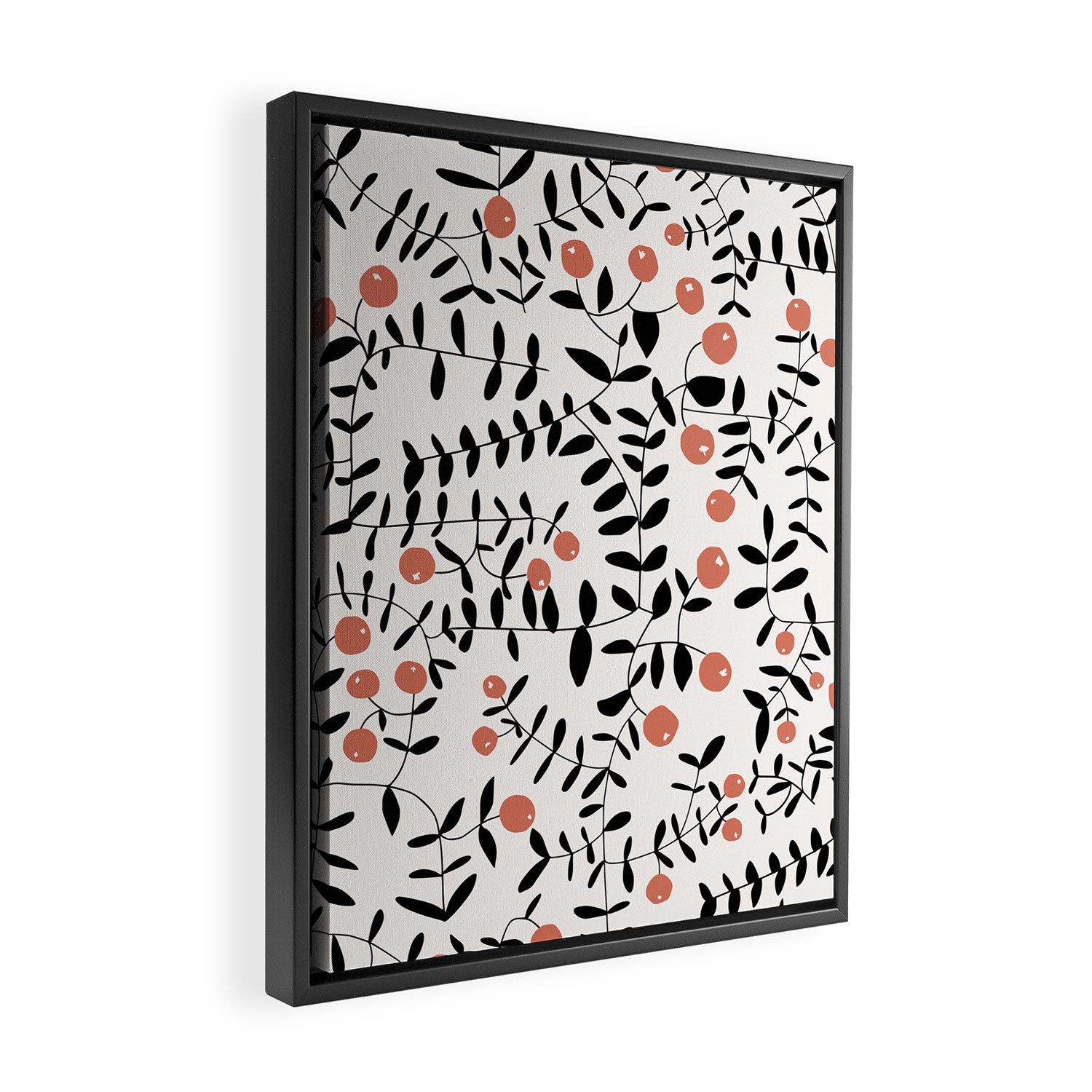 Block print berries black and white Framed Canvas Print Gallery Image 2