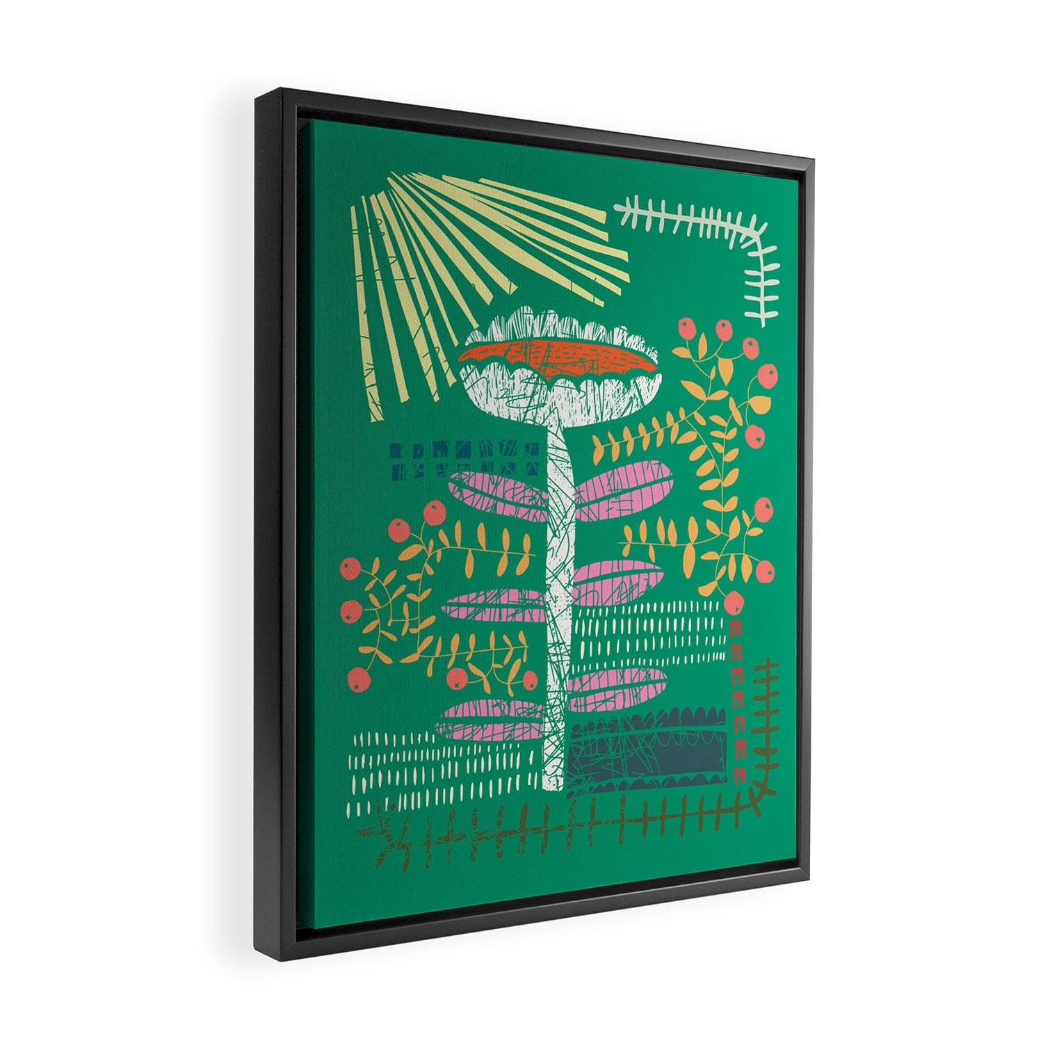 Block print bold flower green Framed Canvas Print Gallery Image 2