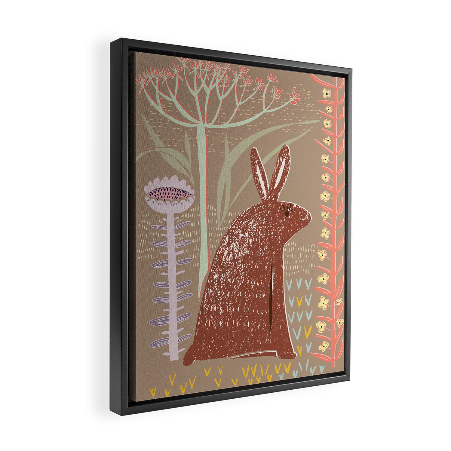 Block print brown bunny Framed Canvas Print Gallery Image 2