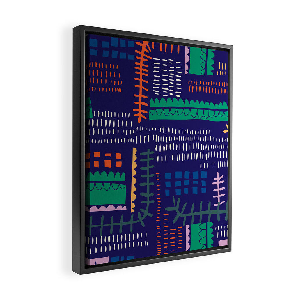Block print geometrics blue Framed Canvas Print Gallery Image 2