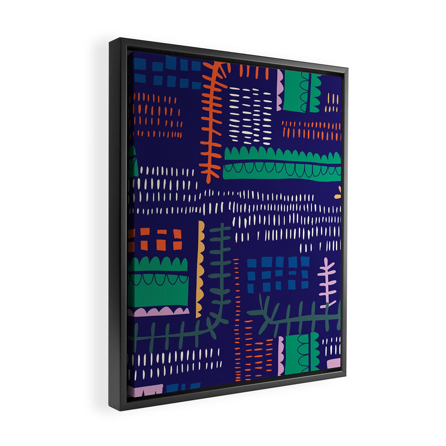 Block print geometrics blue Framed Canvas Print Gallery Image 2