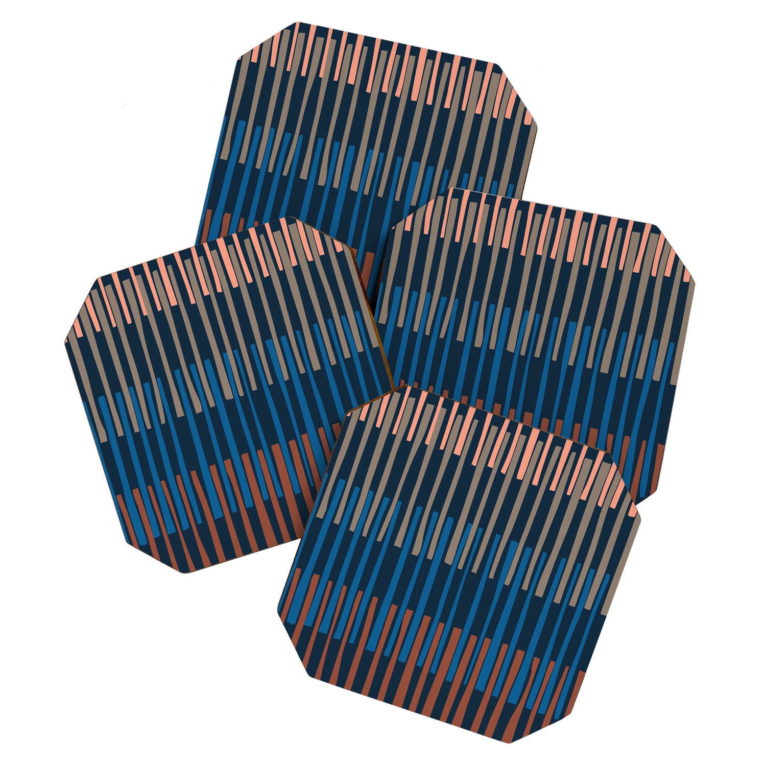 Block print geometrics stripes nocturnal blue Coaster Gallery Image 1