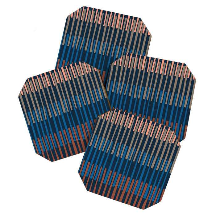 Block print geometrics stripes nocturnal blue Coaster Gallery Image 1