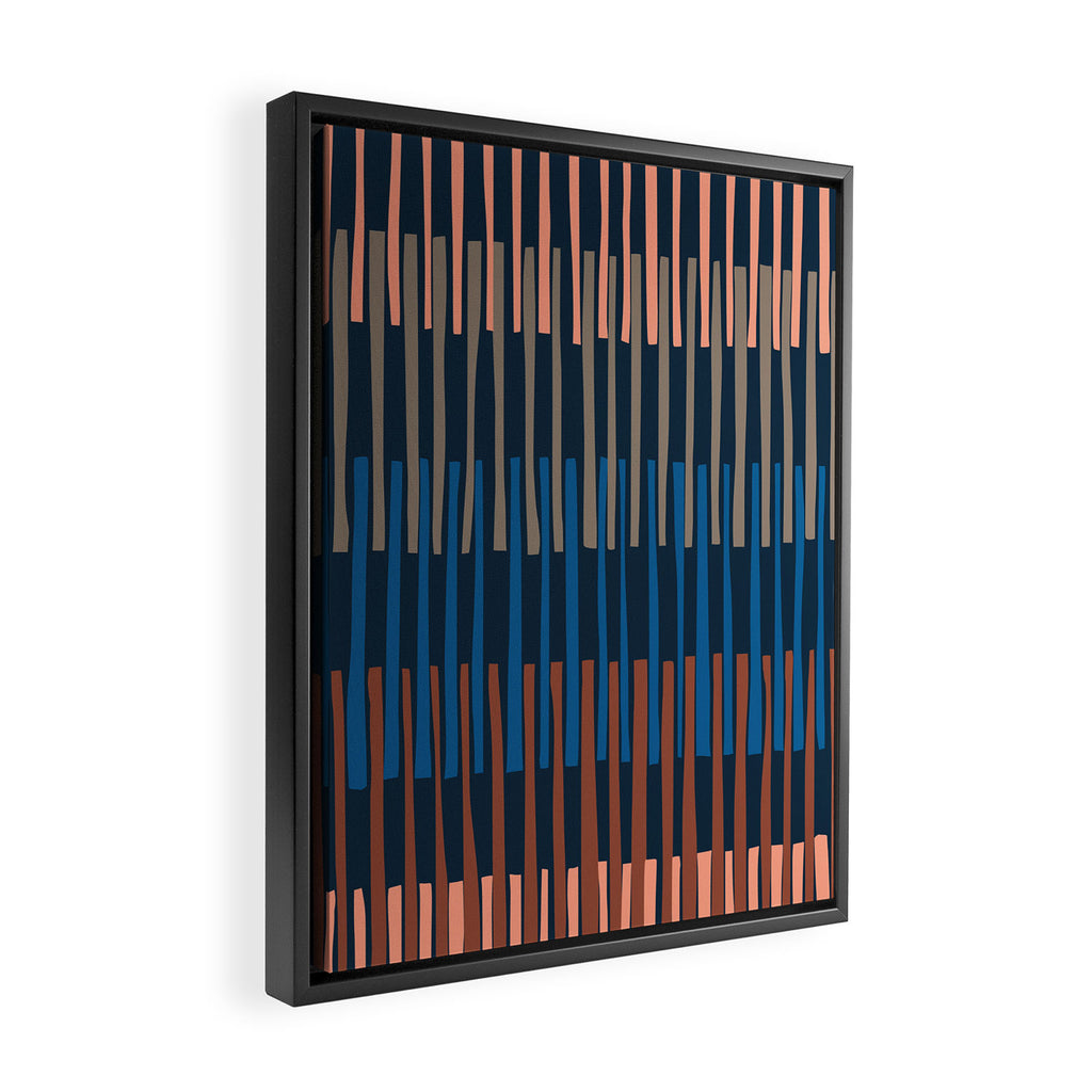 Block print geometrics stripes nocturnal blue Framed Canvas Print Gallery Image 2