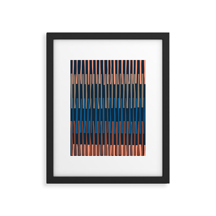 Block print geometrics stripes nocturnal blue Framed Art Print Gallery Image 1
