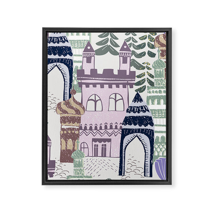 Block print Home pattern lilac Framed Canvas Print Gallery Image 1